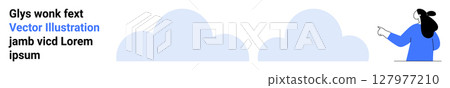 Woman in blue sweater pointing to the left. Text blocks on the left with cloud icons in the center. Ideal for cloud computing, presentations, educational content, web design, business analysis 127977210