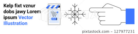 Shopping cart inside blue awning store icon, snowflake symbol, and pointing hand with a blue wristband. Ideal for e-commerce, weather apps, online courses, tutorials, infographics, digital marketing Shopping cart inside blue awning store icon, snowflake symbol, and pointing hand with a blue wristband. Ideal for e-commerce, weather apps, online courses, tutorials, infographics, digital marketing 127977231
