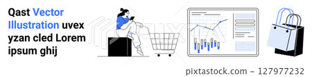 Woman using smartphone shopping, shopping cart, a data analytics dashboard, and shopping bags. Ideal for online retail, e-commerce platforms, digital marketing, data analysis, customer insights, user 127977232