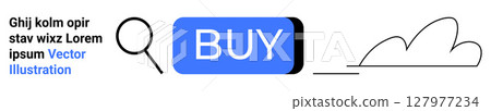 Magnifying glass, blue BUY button, and minimalist cloud icon visually represent search, purchase, and cloud technology. Ideal for e-commerce, online shopping, search optimization, technology 127977234