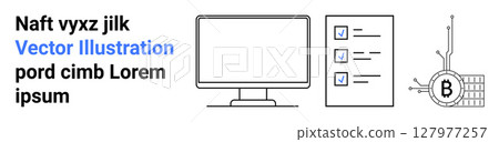 Computer monitor with checklist and Bitcoin symbol on circuitry. Ideal for tech blogs, cryptocurrency guides, digital asset management, educational content, financial articles, blockchain courses Computer monitor with checklist and Bitcoin symbol on circuitry. Ideal for tech blogs, cryptocurrency guides, digital asset management, educational content, financial articles, blockchain courses 127977257