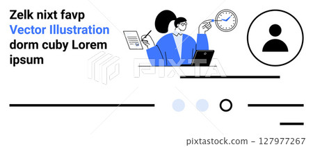 Professional woman holds papers, manages tasks with laptop, clock, and user icon. Ideal for productivity, time management, business planning, efficiency, multitasking, organizational skills 127977267