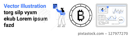 Analytics screen displays charts, graphs, and a Bitcoin symbol, complemented by a character holding data. Ideal for cryptocurrency, market analysis, data presentation, blockchain, financial 127977270
