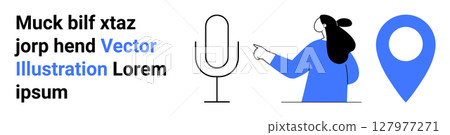 Woman pointing at microphone location pin beside her. Ideal for digital content, podcasts, navigation apps, marketing, education, social media, presentations. Banner for landing page 127977271