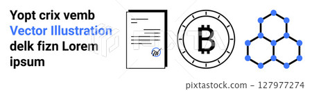 Document with lines and check mark, Bitcoin symbol in circular icon, hexagonal linked structure with blue nodes. Ideal for blockchain, cryptocurrency, fintech, digital transactions, decentralized Document with lines and check mark, Bitcoin symbol in circular icon, hexagonal linked structure with blue nodes. Ideal for blockchain, cryptocurrency, fintech, digital transactions, decentralized 127977274