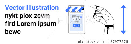 Robotic hand points towards smartphone screen with shopping cart icon and BUY button. Ideal for e-commerce, technology, automation, online shopping, UXUI design, digital marketing, website mockup Robotic hand points towards smartphone screen with shopping cart icon and BUY button. Ideal for e-commerce, technology, automation, online shopping, UXUI design, digital marketing, website mockup 127977276