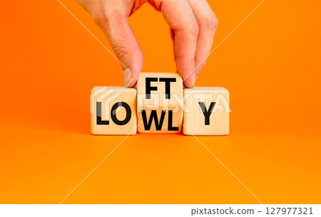 Lofty or lowly symbol. Concept words Lofty Lowly on wooden block. Beautiful orange table orange background. Businessman hand. Business lofty or lowly concept. Copy space. 127977321