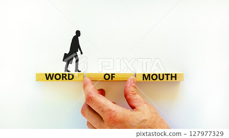 Word of mouth symbol. Concept words Word of mouth on wooden blocks on a beautiful white table white background. Businessman hand. Business, finacial and word of mouth concept. Copy space. 127977329