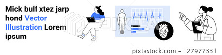 Female patient with laptop, medical heart rate monitor with data analysis, female doctor. Ideal for healthcare, telemedicine, patient care, remote consultations, digital health, medical technology 127977331