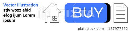 House icon, prominent blue BUY button, and document icon. Ideal for real estate, home buying, e-commerce, property listings, mortgage applications, online transactions, digital documents. Landing 127977352