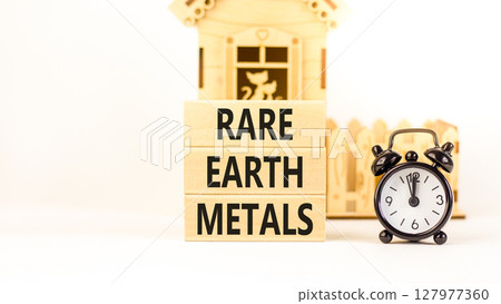 Rare earth metals symbol. Concept words Rare earth metals on beautiful wooden block. Black alarm clock. Beautiful white background. Business and rare earth metals concept. Copy space. Rare earth metals symbol. Concept words Rare earth metals on beautiful wooden block. Black alarm clock. Beautiful white background. Business and rare earth metals concept. Copy space. 127977360
