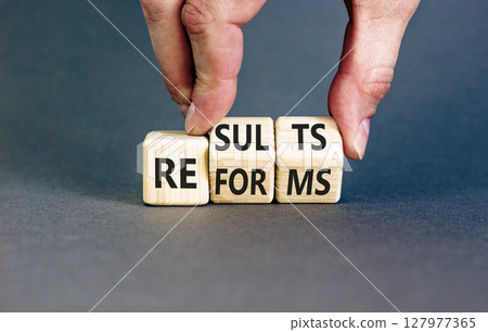 Reform and result symbol. Concept words Reforms Results on beautiful wooden block. Beautiful grey table grey background. Businessman hand. Business Reforms and results concept. Copy space. 127977365