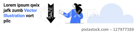 Woman pointing towards a black SALE arrow sign. Placeholder text in a mix of black and blue fonts. Cloud graphic on the right. Ideal for marketing, e-commerce, advertising, promotions, retail, web 127977389