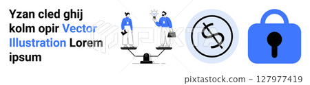 Businesspeople analyzing data on a balance scale, currency in a circle, and a padlock. Ideal for business analysis, financial services, currency exchange, data security, investment, corporate 127977419