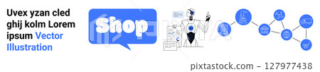 Robot holding shopping bags while engaging in digital marketing activities like data analysis and network connections. Ideal for technology, e-commerce, automation, digital marketing, online 127977438