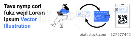 User with a laptop sitting, exchange and wallet icons, QR code, arrows indicating transaction cycle. Ideal for digital payments, mobile wallets, financial technology, online banking, cashless 127977443