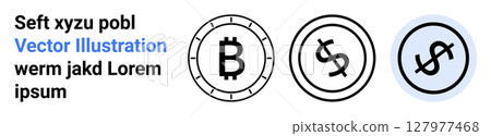 Bitcoin symbol in a circular frame, a dollar symbol within another circle, and a variant dollar symbol in a blue gradient circle. Ideal for financial technology, digital currency, crypto 127977468