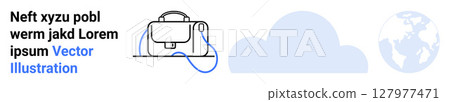 Text placeholder, minimalist backpack with strap, light blue cloud, and globe in blue circle. Ideal for web design, travel blogs, education, e-commerce, technology, SaaS, and digital content. Landing 127977471