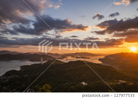 The Seto Inland Sea at sunset as seen from Takamiyama Observatory, Onomichi City, Hiroshima Prefecture The Seto Inland Sea at sunset as seen from Takamiyama Observatory, Onomichi City, Hiroshima Prefecture 127977535