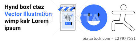 Blue shopping cart app with buy button on phone, blue happy face circle, and abstract running figure. Ideal for marketing, e-commerce, UXUI, social media, mobile apps, health, fitness. Landing page 127977551