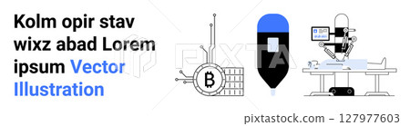 Blockchain chip connected to circuits, a blue and black magnifying tool, robotic arm on a platform with a monitor. Ideal for technology, cryptocurrency, blockchain, fintech, automation, research 127977603