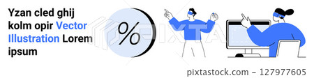 Blue-and-white digital workspace featuring a percentage symbol, a person gesturing, and another working on a computer. Ideal for marketing, education, business, finance, technology, design Blue-and-white digital workspace featuring a percentage symbol, a person gesturing, and another working on a computer. Ideal for marketing, education, business, finance, technology, design 127977605