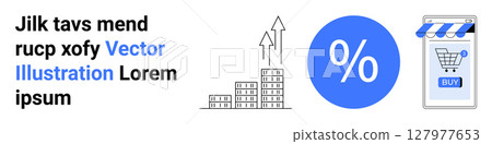 E-commerce shopping cart with blue discount symbol, growing bar chart, and lorem ipsum text. Ideal for online stores, sales promotions, business analytics, marketing strategies, website banners 127977653