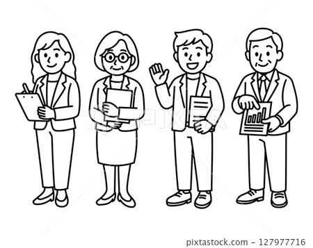 Set of four business people holding documents and tools (gender, generation, line drawing) 127977716