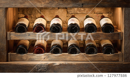 Wine Rack Display: A collection of red wine bottles are stored in a rustic wooden rack against a stone wall. Perfect for a cellar or wine enthusiast's space. 127977886