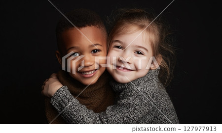 Two Smiling Children in an Embrace. An adorable boy and girl wearing cozy sweaters, radiating friendship and warmth against a dark background. 127977913