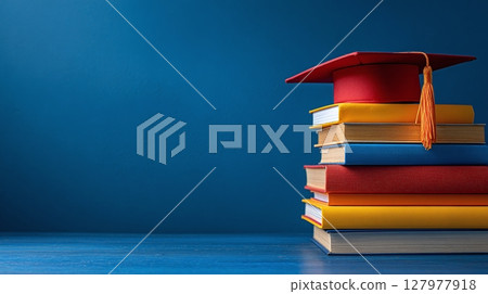 Graduation cap atop a vibrant stack of books against a blue backdrop, symbolizing academic achievement and milestones. Graduation cap atop a vibrant stack of books against a blue backdrop, symbolizing academic achievement and milestones. 127977918
