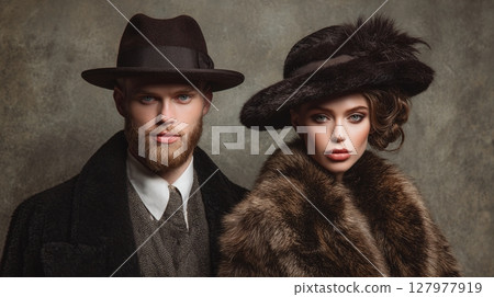 Elegant couple in vintage fashion, embodying timeless style with sophisticated attire. The picture captures the essence of classic era charm. Elegant couple in vintage fashion, embodying timeless style with sophisticated attire. The picture captures the essence of classic era charm. 127977919