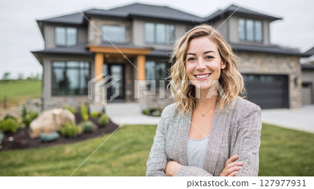 Smiling woman standing in front of modern home, showcasing property, confident look. New home owner, realtor. A symbol of homeownership. Smiling woman standing in front of modern home, showcasing property, confident look. New home owner, realtor. A symbol of homeownership. 127977931