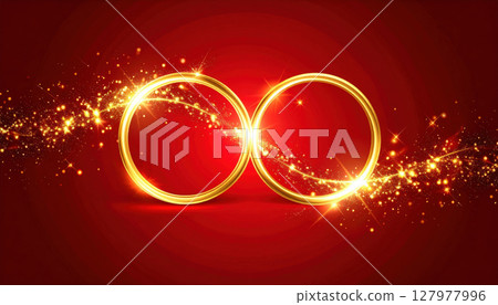 Golden light rings on red background create magical atmosphere 127977996