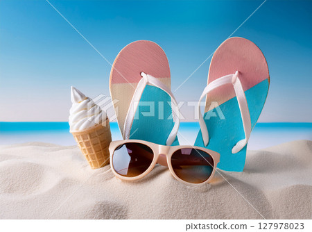 Summer beach items and blue sky illustration background 127978023