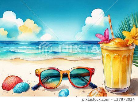 Summer beach items and blue sky illustration background 127978024