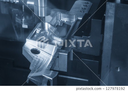 The 5-axis CNC milling machine cutting the aerospace part with solid ball end mill tool in the light blue scene. 127978192