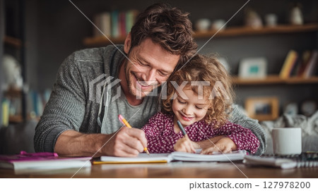 A smiling father and daughter enjoy drawing together at a table. The father has his arm around the little girl as they share a special moment of creativity. 127978200