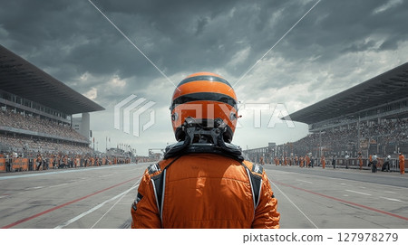 Race driver stands ready on the track, helmet on, facing the crowd in the stands. Anticipation and excitement fill the air under a dramatic, overcast sky. 127978279