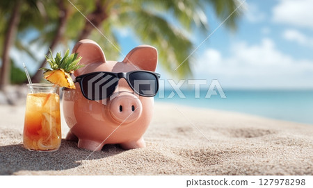 A piggy bank in sunglasses is sitting on a beach with a tropical drink, representing saving for vacation or financial goals for relaxation. 127978298