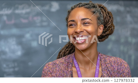 Smiling educator with braids stands against a chalkboard, radiating positivity and warmth in a learning environment. Smiling educator with braids stands against a chalkboard, radiating positivity and warmth in a learning environment. 127978332
