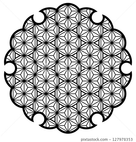 Yukiwa flower with pattern in Japanese style of Kumiko zaiku. Yukiwa flower with pattern in Japanese style of Kumiko zaiku. 127978353