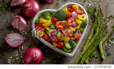Colorful vegetable salad in a heart-shaped bowl with red onions and asparagus on a textured surface. Healthy eating and fresh produce. 127978430