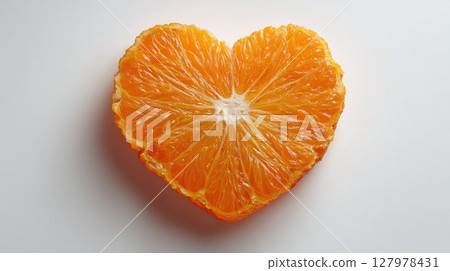 A heart-shaped orange segment radiates vibrant color and juicy texture on a clean white backdrop, symbolizing healthy love and sweet emotions. 127978431