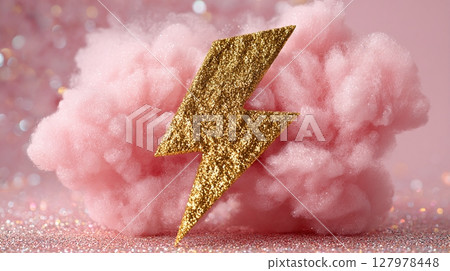 Golden Lightning on Pink Cloud: A sparkly, whimsical still life with a bold thunderbolt and soft pink cotton candy like cloud on a glittery surface. 127978448