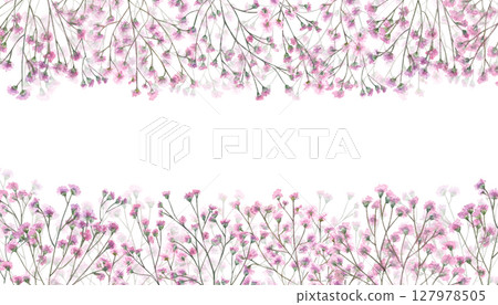 Pink gypsophila watercolor horizontal frame isolated background. Hand painted baby breath flowers border with blank ty space for text. For wedding invitations, romantic greeting cards 127978505