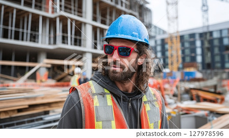 Construction worker wearing safety gear on a job site. Focused man in reflective vest, blue helmet, and sunglasses at a building project under construction. 127978596