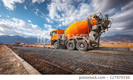 Orange cement truck on construction site ready to pour concrete for foundation. Mountains in background beneath a cloudy sky. 127978598