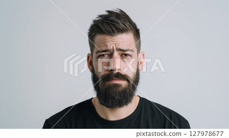 A sad bearded man with tears streaming down his face. He has a look of anguish and grief. Expression conveys sorrow and emotional distress, set against a plain background. 127978677