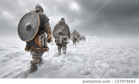 Warriors trek through a blizzard. A line of shield-bearing figures battle through the frozen landscape, their determination etched against the harsh environment. 127978685